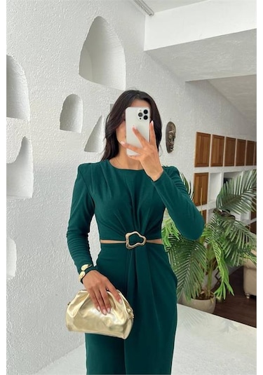 Neşeli Butik Kadın Bel Dekolteli Toka Detaylı Uzun Kollu Elbise Nbmy3655 Yeşil