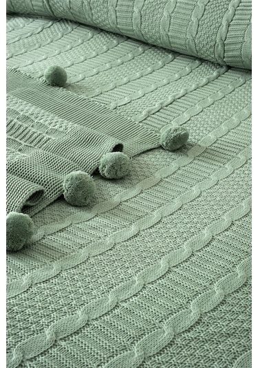 Triko Örme Gül Nakışlı Battaniye Takımı -tivoli Rosetta Mint