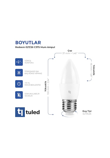 Redeem C37s E27 Mum Ampul, Titreşimsiz, Göz Konforu, 510 Lümen, Soğuk Beyaz, 6500 Kelvin
