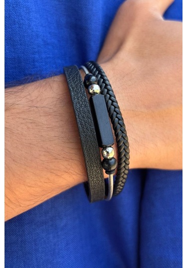 Siyah Örgülü Taşlı El İşçiliği İle Üretilmiş Hakiki Deri Erkek Bileklik Siyah