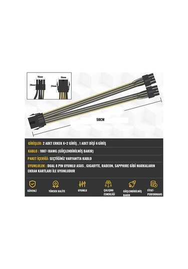 Zauss 6 Pin to 2x PCI-E (6+2) 8 Pin 50 CM Power Kablo Çoklayıcı