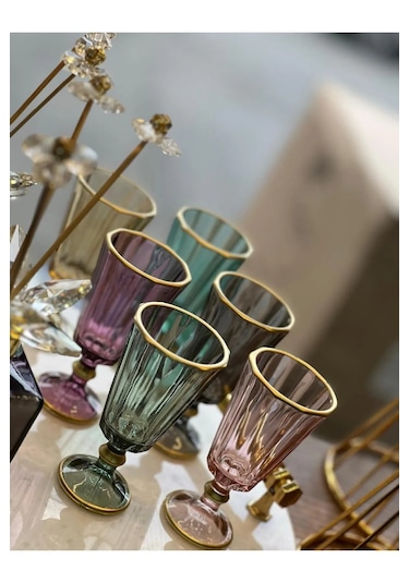 6 Lı Flüt Renkli Yaldızlı Kahve Yanı Su Bardağı Bardak