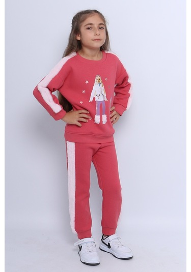 Kız Çocuk 3 İplik Eşofman Takımı Barbie Baskılı C22 Pembe