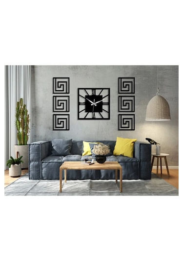 Dekoratif Yan Tablolu Duvar Saati Seti Siyah