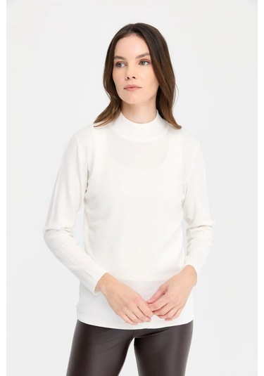 Desen Triko Kadın Likralı Uzun Kol Basic Yarım Balıkçı Bluz 0240016 Ekru Ekru