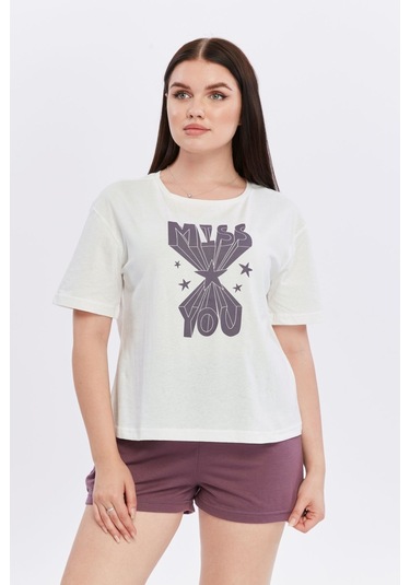 Bella Dossi Pamuklu Kısa Kollu Baskılı Kadın Şortlu Yazlık Pijama Takımı Mürdüm Beyaz Beyaz - Mürdüm