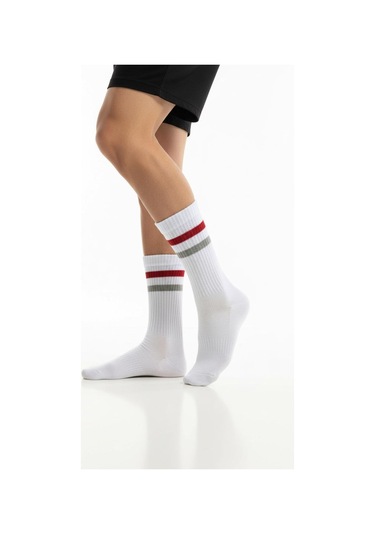 Erkek Spor Çorap 2 Li Set Pamuklu, Nefes Alan, Esnek Çizgili Model Gri Beyaz