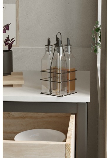 Teknotel 4'lü Cam Şişeli Yağdanlık Sosluk Sirkelik Standı Mat Siyah Mg023 Siyah