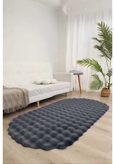 Bubble Oval Yumuşak Peluş Kaymaz Salon Oturma Odası Balkon Halısı Yolluk Antrasit