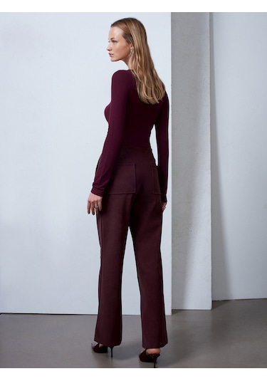 Dilvin 72252 Dikiş Detaylı Süet Görünümlü Pantolon-bordo Bordo