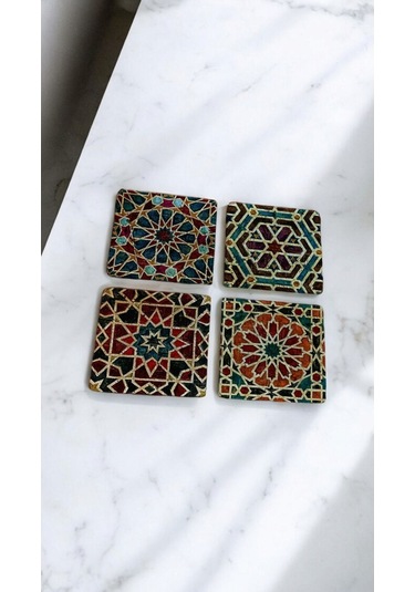 Doğal Taş Bardak Altlığı Geometrik Desenler- Selçuklu Desenleri 4'lü Set 10x10x1 Cm Stone Coasters Çok Renkli
