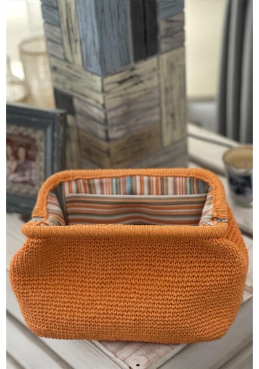 El Yapımı Pastel Turuncu Renk Basic Örgü El Çantası Kağıt İp Turuncu
