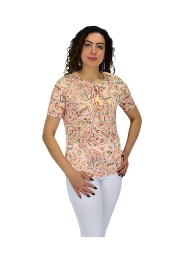 Kadın Kısa Kol Baskılı Bluz Bgl-st04703 Turuncu