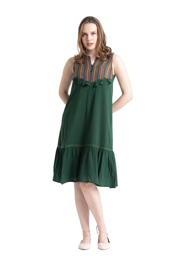 Kolsuz Şile Bezi Ilgaz Midi Boy Elbise Yeşil
