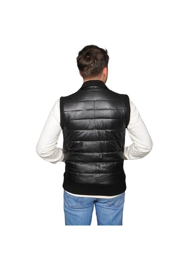 Asyaclub Max Hakiki Deri Erkek Siyah Trikolu Şişme Yelek Siyah