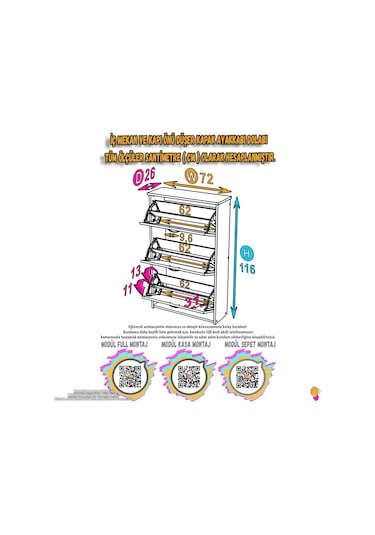 Modilayn West Asma Kapı Önü 72x116x26 Cm Lik 3 Düşer Kapak 6 Göz Bölmeli Ayakkabılık Beyaz