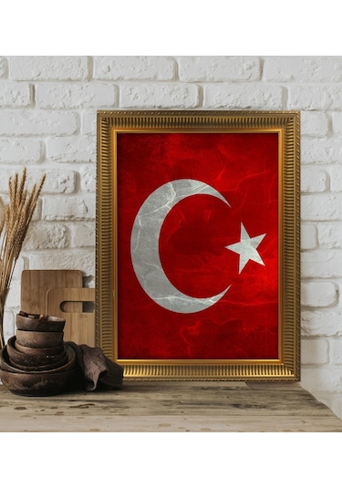 Türk Bayrağı Altın Yaldız Çerçeveli A3 Tablo