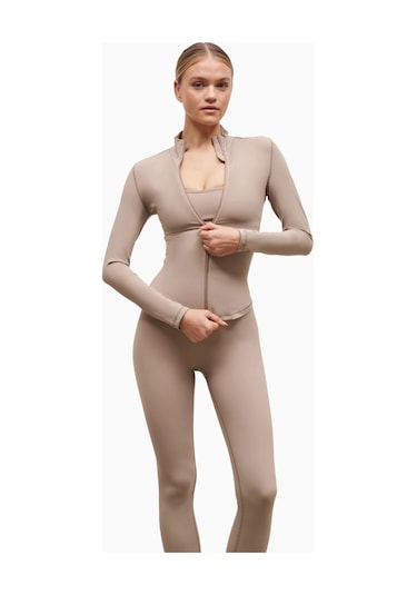 Because Of Alice Base Sculpting Zip Up Jacket Şekillendirici Fermuarlı Kadın Ceket Bej