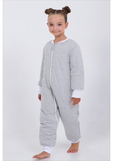 Kız Erkek Çocuk Kalın Elyaf Dolgulu Premium Kalite 2.5 Tog Desenli Uyku Tulumu Gri - Beyaz