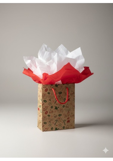 Yılbaşı Desenli Kraft Karton Çanta Seti - 6lı, Kırmızı Saplı Parti, Noel, Hediye Çantası, 12x17 Cm Standart