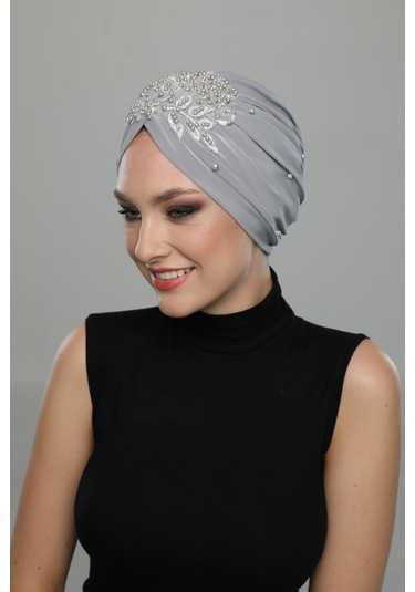 Kopma Astarlı İşlemeli Açık Gri Gül Motifli Hazır Türban Tesettür Abiye Bone Açık Gri
