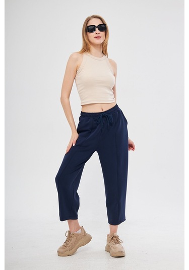 Haki Ultra Yumuşak, Dikiş Detaylı Havuç Kesim Bağcıklı Lastikli Bilek Boy Kadın Modal Pantolon Lacivert