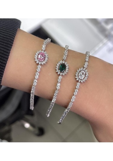 Silver Point Yeşil Oval Taşlı Su Yolu Bileklik Gümüş