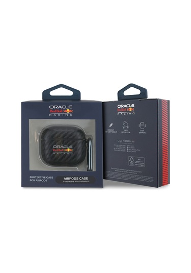 Airpods Uyumlu 4 Kılıf Redbull Lisanslı Pu Karbon Fiber Tasarımlı Askı Aparatlı Kapak Siyah