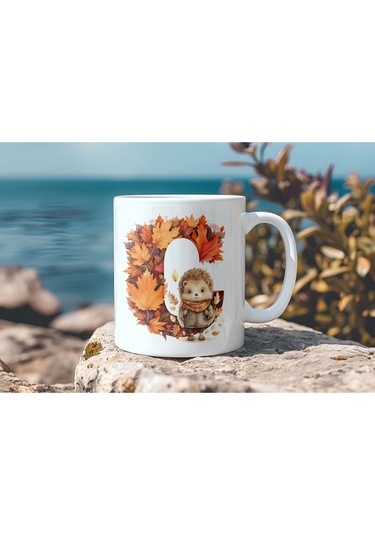 C Harf Sonbahar Yaprak Temalı Kupa Bardak - Sevimli Figürler İle Alfabe Harfli Bardak - Kişiye Özel Beyaz