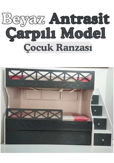 Beyaz Antrasit Çarpılı Model Çocuk Ranzası