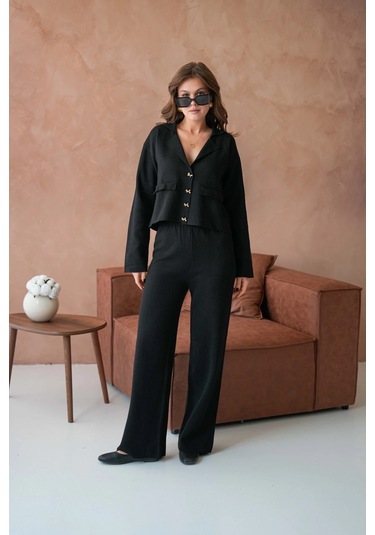 Kadın V Yaka Düğme Detay Ceket Pantolon İkili Triko Takım Siyah