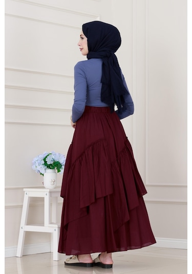 Sevitli Katlı Botto Vual Etek-bordo-5306 Bordo