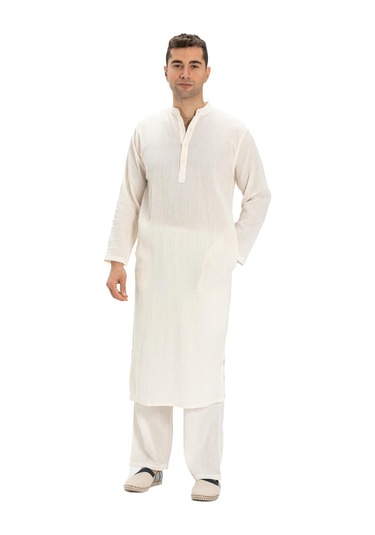 Uzun Kol Şile Bezi Erkek Hac ve Umre Elbisesi Krem