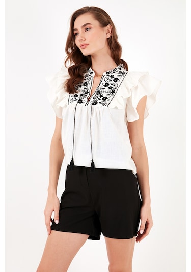Lela Pamuklu Regular Fit Nakış Işlemeli Bayan Bluz 611Bz0253 Ekru-Siyah