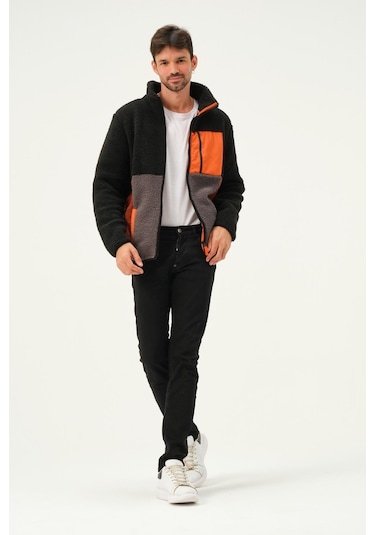 Erkek Dik Yaka Parçalı Polar Ceket Siyah