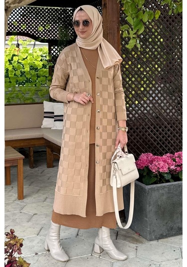 Dama Desenli Bej Triko Hırka Çok Renkli