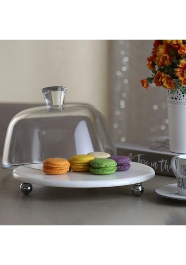 Akayev Mermer Beyaz 25 Cm Gümüş Boncuk Ayak Cam Fanus