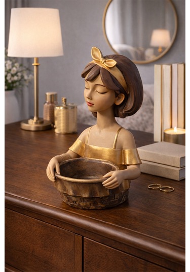 El Yapımı Seramik Kız Figürlü Kase Golden Blush Bow Çok renkli