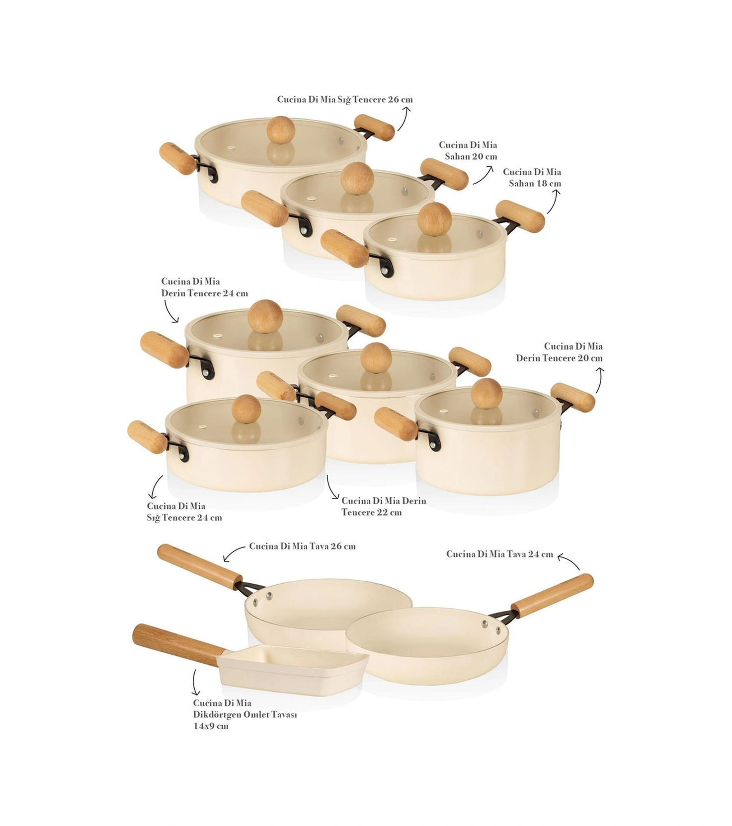 The Mia Cucina 17 Parça Full Tencere Tava Çeyiz Seti Takımı Krem