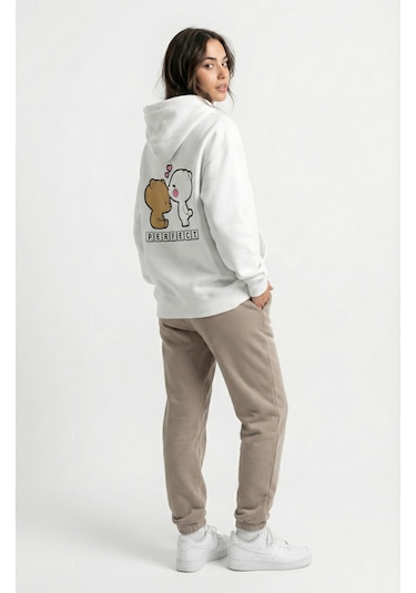 Nevermind Unisex Oversize Ayıcık Baskılı Çift Hoodie Beyaz