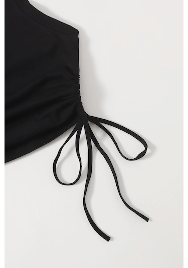 Merry See Yanları Büzgülü Kolsuz Bluz Crop Top Atlet Siyah