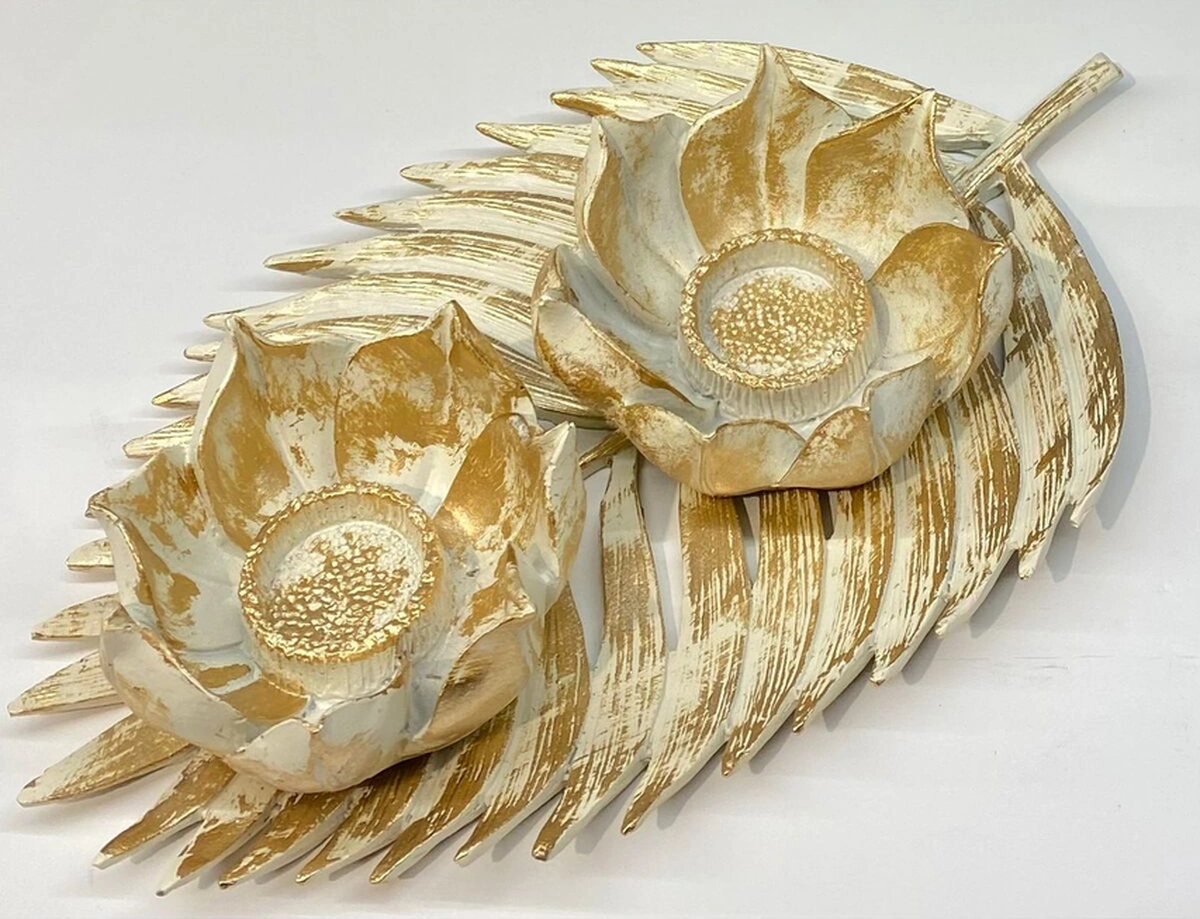 Dekoratif Polyester İkili Çınar Yaprak Mumluk Krem Gold Eskitme