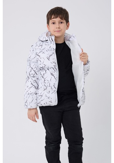 Erkek Çocuk Beyaz Çıkabilir Kapüşonlu Su Ve Rüzgar Geçirmez Cepli Kışlık Şişme Mont & Kaban & Parka Beyaz