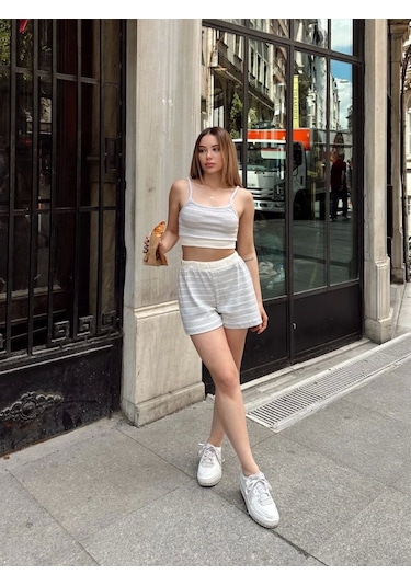 Kazax Çizgili Şortlu Takım Gri S3978 Gri