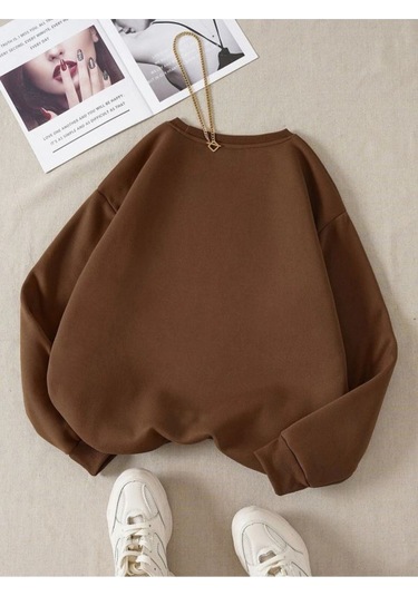 Baskısız Düz Sweatshirt - Kahverengi Kalın Kışlık Şardonlu Uzun Kol Oversize Bisiklet Yaka Kahverengi