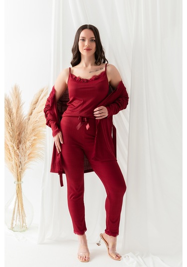 Sabahlıklı Dantel Detaylı Pegasus Kadın Pijama Takımı-çeyizlik Takım- Geniş Beden Aralığı Bordo