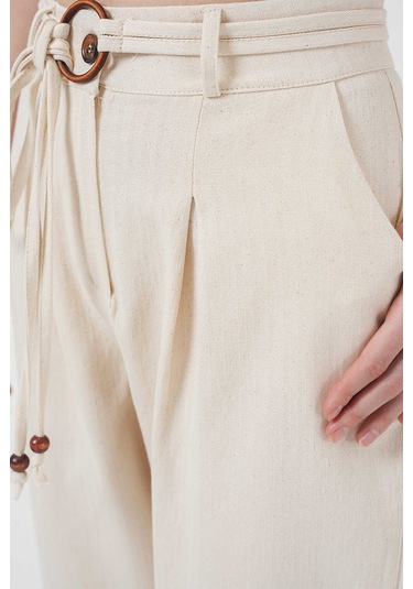 Gabria Kemerli Duble Paça Keten Pantolon Krem