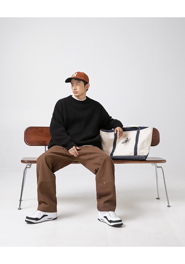 Erkek Sonbahar Ve Kış Düz Renk Bol Yuvarlak Yakalı Örgü Kazak Açık Kahverengi