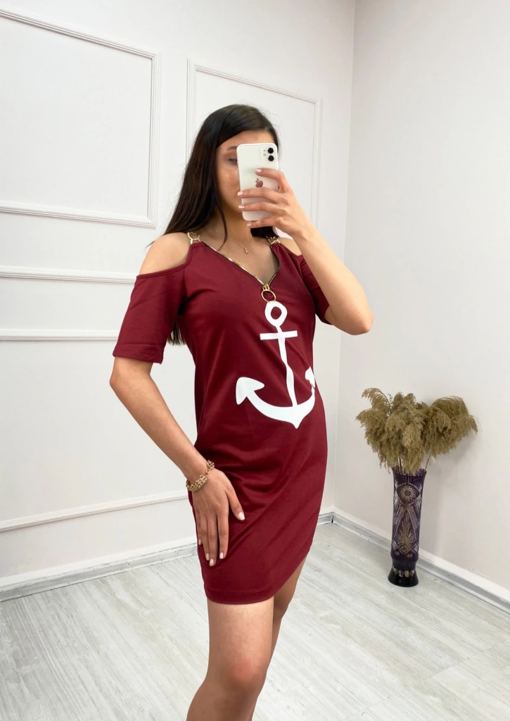 S-pazarım Fermuar Detay Çıpa Baskılı Zincir Askılı Iki Iplik Elbise - Bordo Bordo