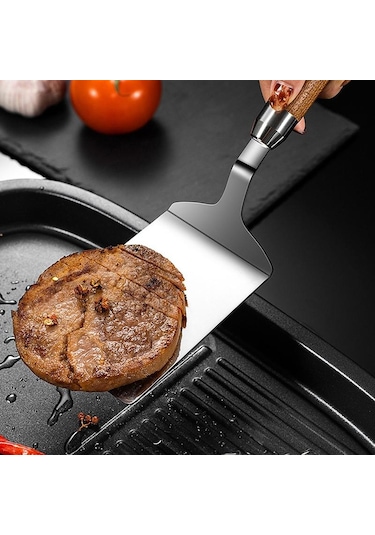 Ahşap Saplı Paslanmaz Çelik Barbekü Plaka Izgara Kazıyıcı Gözleme Spatula